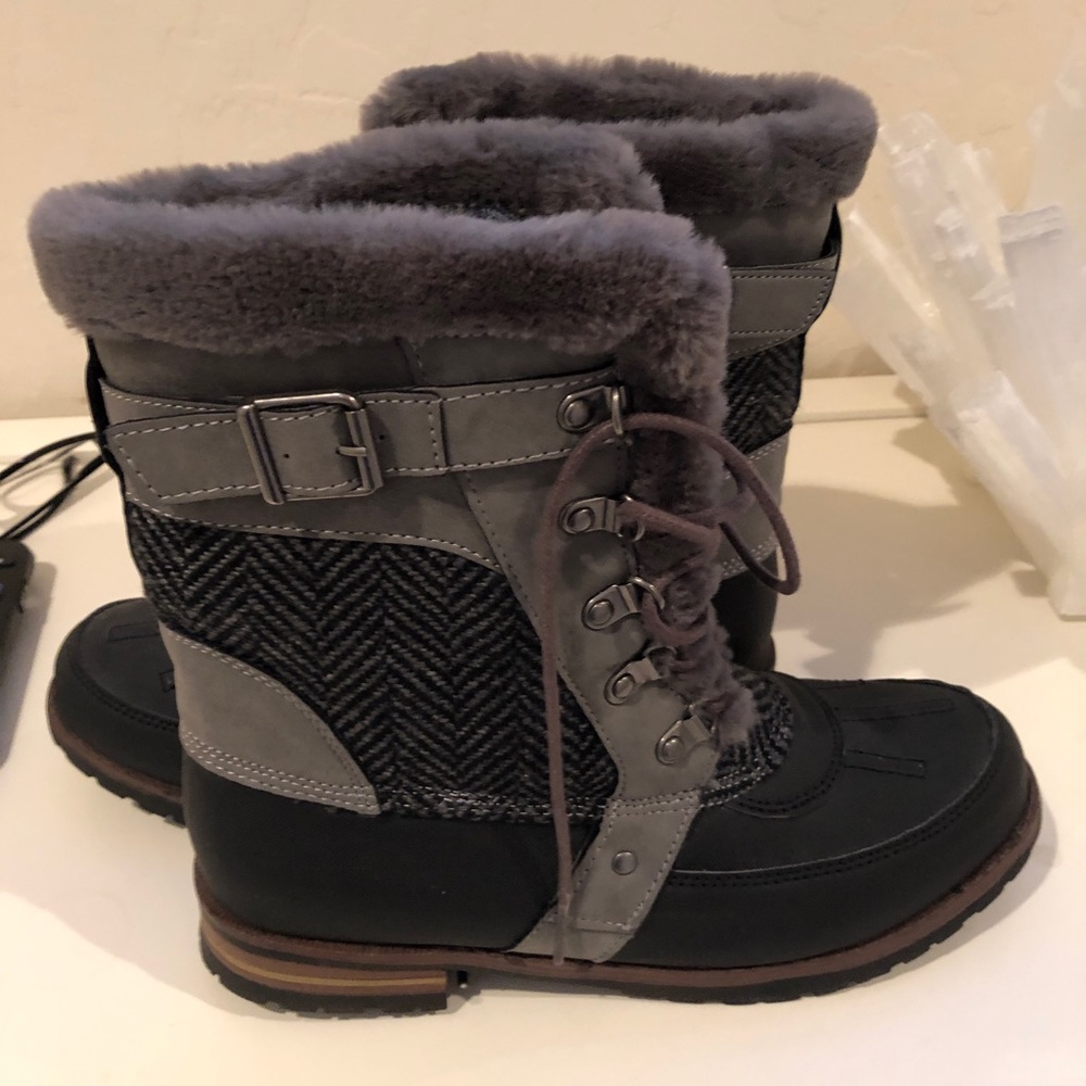 Rock and Candy Waterproof Ankle Boots Lace up Faux fur gray black.